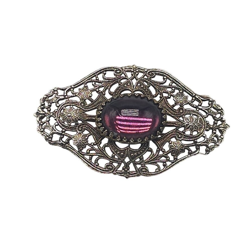 Antique Style Filigree Brooch With Purple Cabochon Stone Floral Design